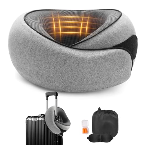 Travel Neck Pillow, Memory Foam Neck Support for Airplane, Car & Office, Breathable Portable Design with Eye Mask, Earplug Holder & Carry Bag, for Men&Women - color: Gray