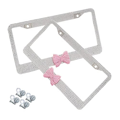 AUCELI Bling License Plate Frame, 2 Pack Stainless Steel Crystal Bow Car Plate Covers, US Vehicle License Bracket Holder with Rhinestone Mounting Bolts, Sparkly Car Accessories for Women (White/Pink) - color: White/Pink