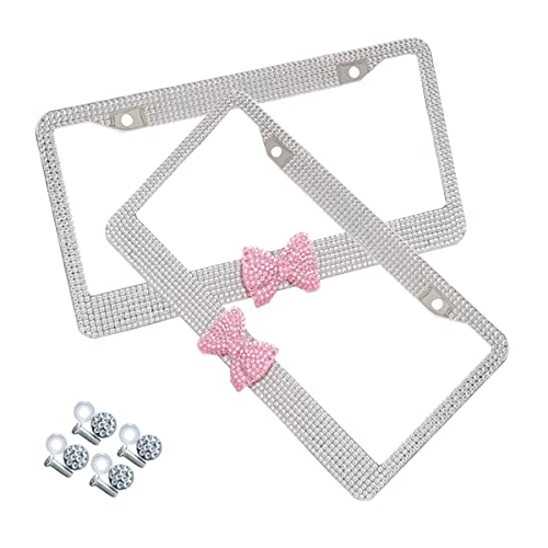 AUCELI Bling License Plate Frame, 2 Pack Stainless Steel Crystal Bow Car Plate Covers, US Vehicle License Bracket Holder with Rhinestone Mounting Bolts, Sparkly Car Accessories for Women (White/Pink) - color: White/Pink