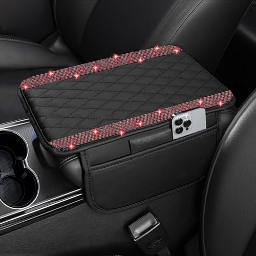 NBTEPEM Bling Car Center Console Cover, Leather Car Arm Rest Cover Cushion with 2 Storage Bags, Universal Automotive Armrest Protector Storage Box, Bling Accessories Interior for Most Vehicles (Red) - color: Red Diamond