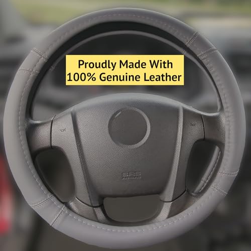 Steering Wheel Cover, Gray, Real Genuine Leather, 15 inch, for Men and Women, Universal, Stretch On, Heat Resistant, Stays Cool, Non-Slip, HANWOLF - color: Dark Gray, size: Medium (14.5 to 15.375 inch diameter)