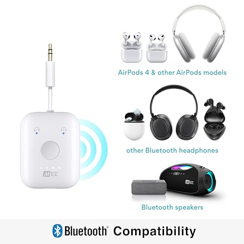 MEE Audio Connect Air in-Flight Bluetooth Wireless Audio Transmitter, with Extra Dual 3.5mm Jack AUX Adapter, for up to 2 AirPods/Other Headphones; Works with All 3.5mm Aux Jacks, White - color: White, style: Connect Air Bundle