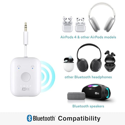 MEE Audio Connect Air in-Flight Bluetooth Wireless Audio Transmitter, with Extra Dual 3.5mm Jack AUX Adapter, for up to 2 AirPods/Other Headphones; Works with All 3.5mm Aux Jacks, White - color: White, style: Connect Air Bundle
