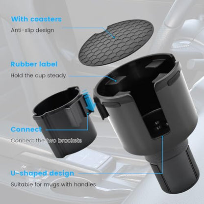1 Pack Car Cup Holder Expander 2 in 1 Adapter with Expandable Base, Car-Seat Headrest Hook 4 Pack Hanger Storage Organizer fit Universal Vehicle Car