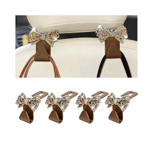 Zpana Bling Car Headreat Hook, 2PCS Crystal Rhinestone Cute Bow Vehicle Seat Back Hanger Storage for Purses Bags Grocery, Diamond Auto Rear Seat Organizer, Universal for SUV Truck Sedan (Gold) - style: Gold/4PCS