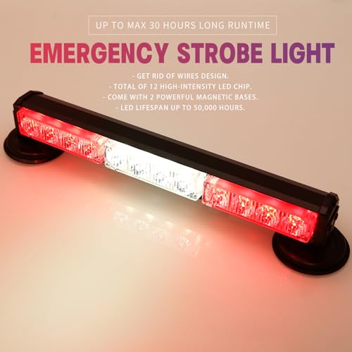 14" Red/White Battery Powered Police Firefighter Emergency Strobe Lights Bar for Trucks/Vehicles Rechargeable Wireless Rooftop Mini Hazard Flashing LED Beacon Warning Light w/Magnetic Base - color: #03 Red/White/Red, size: 14 inchs