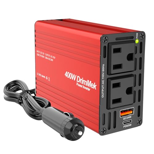 400W Car Power Inverter - Dual DC 12V to 110V AC Car Plug Adapter Outlets, Fast Charging USB C 65W & 24W Port, Power Inverters for Vehicles, Laptop Car Charger, Road Trips - color: RED