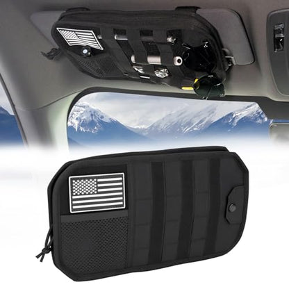 Hiseanllo Car Sun Visor Organizer, Multi-Pocket Visor Organizer Storage Pouch with Zippers, Elastic Bands & Glasses Clip, Car Visor Accessories