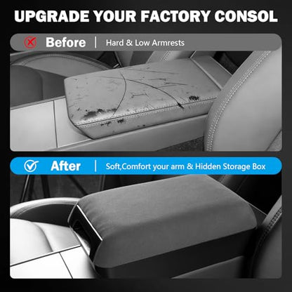 Center Console Armrest Cover with Hidden Storage for Tesla Model Y Juniper 2026 & Model 3 Highland 2024-2026 Soft Padded Elbow Support Pull-Out Organizer Tray Non-Slip Interior Accessories