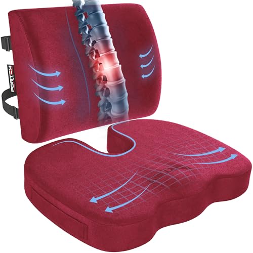 FORTEM Seat Cushion, Office Chair Cushion, Lumbar Support Pillow for Office Chair, Memory Foam Sciatica Coccyx Tailbone Pressure Pain Relief, Car Sitting Pad, Washable Non Slip - color: Red Velour, size: Large