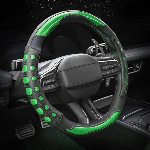 Valleycomfy PU Leather Steering Wheel Cover for Women and Men,Anti-Slip Finish Universal 14.5-15 Inch for Medium Size Auto Car,Green - color: Green