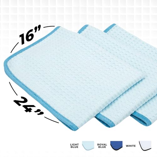 The Rag Company Dry Me A River, Professional Korean 70/30 Blend Microfiber Waffle-Weave Drying & Detailing Towels, Soft Suede Edges, 390 GSM, 16x24 Inches, Light Blue, 3-Pack - color: Light Blue, size: 16in x 24in