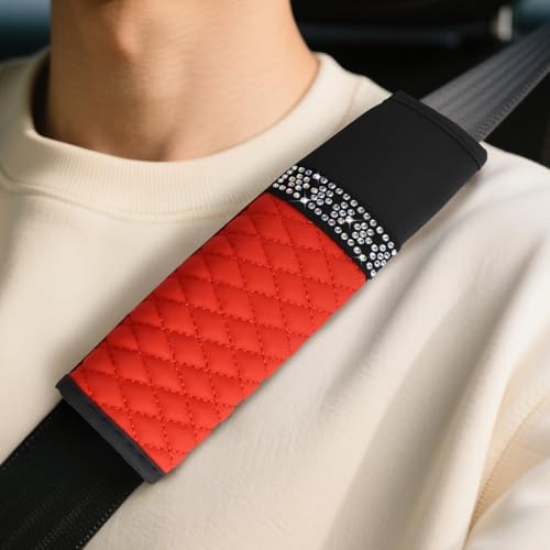 wuyaoyao 2PCS Bling Car Seat Belt Cover Pad, Breathable Leather Seatbelt Covers for Cars, Soft Comfortable Seatbelt Shoulder Strap Covers, Rhinestone Auto Seat Belt Protector Cushion (Red) - color: Red