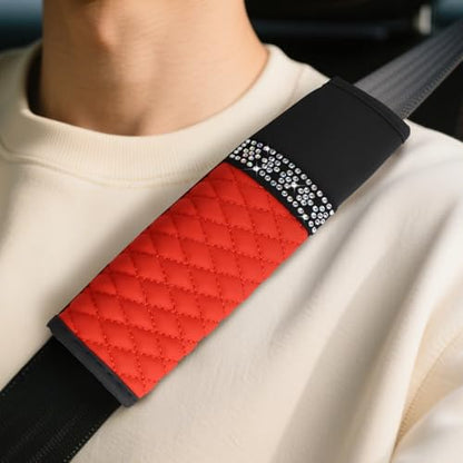 wuyaoyao 2PCS Bling Car Seat Belt Cover Pad, Breathable Leather Seatbelt Covers for Cars, Soft Comfortable Seatbelt Shoulder Strap Covers, Rhinestone Auto Seat Belt Protector Cushion (Red) - color: Red