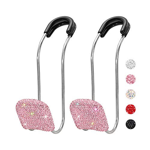 SAVORI Car Headrest Hooks Bling Car Accessories Rhinestones Universal Auto Back Seat Headrest Metal Hanger Organizer Vehicle Holder for Bag Purse Clothes Grocery 2PCS (Pink) - color: Pink