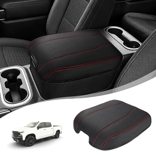 Center Console Armrest Cover for Chevy Chevrolet Silverado 1500/GMC Sierra 2019-2026, Tahoe/Suburban/Yukon 2021-2026, PU Leather Middle Console Lid Protector Cushion Thick Pad Black/Red(Bucket Seat) - color: Black/Red Stitch, size: Bucket Seat, Silverado