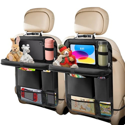 Car Backseat Organizer: Back Seat Storage Organizer for Kids with Tablet Holder, Heavy Duty Back Seat Protector with Foldable Table Tray, Kick Mats w/Pockets, Road Trip Essentials, 2 Count