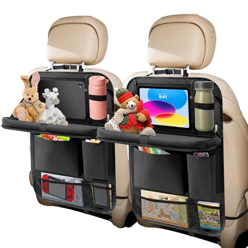 Car Backseat Organizer: Back Seat Storage Organizer for Kids with Tablet Holder, Heavy Duty Back Seat Protector with Foldable Table Tray, Kick Mats w/Pockets, Road Trip Essentials, 2 Count