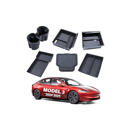 for Tesla Center Console Organizer Model Y Juniper Model 3 Highland Accessories 2025 2026 Upgrade Refreshed Car Organizer Storage Tray Hidden Storage Box Cup Holder Armrest Lower Tray 6PCS - size: Juniper & Highland (Style 4)