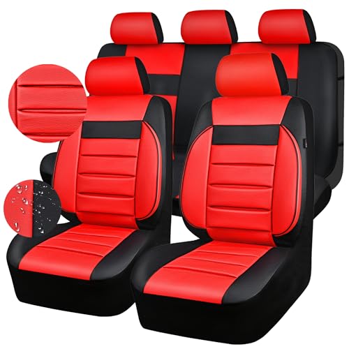 CAR PASS Leather Seat Covers Full Set Universal Water Resistant 3D Foam Back Support, Luxury Comfort Automotive 5 Seat Covers All Season Fit for SUV,Sedan,Van, Airbag Compatible Elegance (Black Red) - color: Black and Red