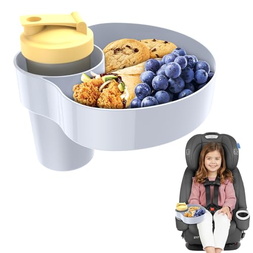 Car Seat Cup Holder Snack Tray for Kids – Toddler Travel Tray with Fixed Twist Base for Car, Booster, Stroller, Outdoor Essentials Kit. Universal for Snacks, Toys, Food, Drinks (1, Grey) - color: Grey