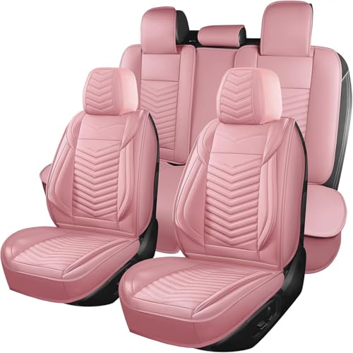 HChengkikz Nappa Leather Car Seat Covers Full Set, Pink Car seat Protector 5 Seats, Waterproof Car Seat Cushion, Universal Automotive Seat Covers Fit for SUV Truck Pick-up Sedan, Front and Rear - color: Style1 Pink, size: Full Seat