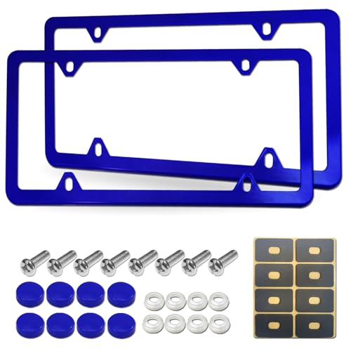 Blue License Plate Frames- Aluminum Front & Rear Car Tag Covers for Men Women, 2 Pack 4 Hole Thin Slim Holders with Mounting Hardware Kit- Screws, Rattle Proof Pads - color: Blue