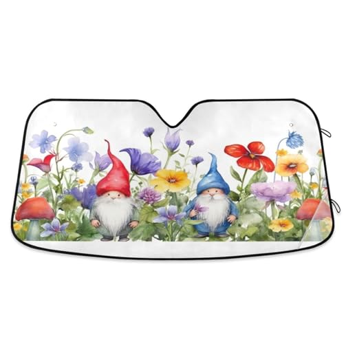 Burbuja Front Windshield Sun Shade, Gnomes in Wildflowers Foldable Car Sun Visor Block UC Rays and Heat, Keep Your Vehicle Cool for SUV Trucks, 57x31.5 in - color: Gnomes, size: Large - 57" x 31.5"