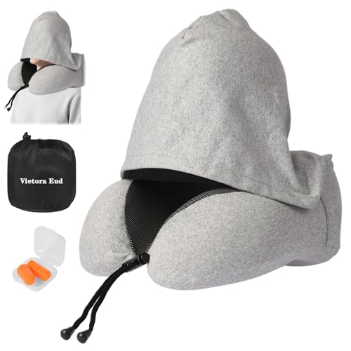 Travel Neck Pillow with 100% Light-Blocking Hood – Ergonomic Memory Foam Support Pillow for Airplane, Long Flights, Road Trips, Office and Car, Full Head and Neck Support with Skin-Friendly Cover - color: Gray With Hood