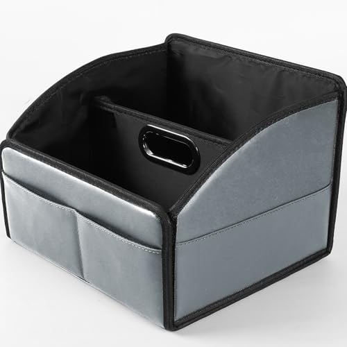 Car Storage Organizer [2025 UPDATED] Leather Car Caddy Basket for Front Seat Floor Back Seats Metal Handle 6 Compartments Adjustable Strap Buckles Slip-Resistant (Gray) - color: Leather Gray