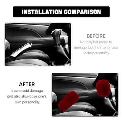 Hovom 2PCS Fluffy Car Gear Shift Knob Cover & Handbrake Cover, Soft Plush Hand Brake Handle & Gear Shift Cover for Women Girls, Universal Comfortable Warm Furry Car Accessories (Wine Red) - color: Wine Red