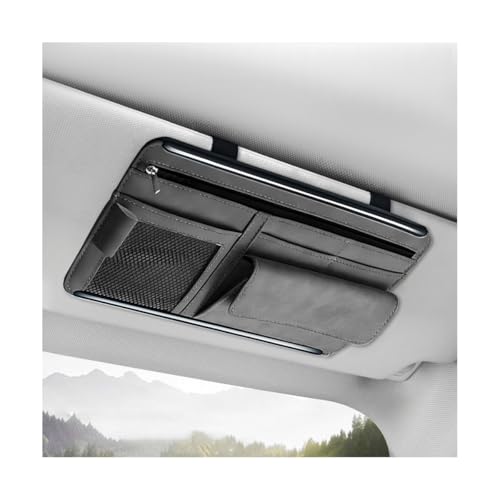 Car Sun Visor Organizer, Soft Leather Vehicle Sunshade Glasses Storage Bag with Net Zipper, Automotive Multi-Pocket Organizer for Drive License Card Glasses Document (Gray) - color: Gray
