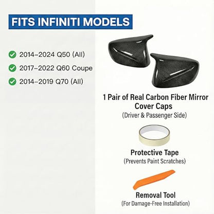 Real Carbon Fiber Side Mirror Covers Compatible with Infiniti Q50 Q50S (2014-2024), Q60 (2017-2022), Q70 (2014-2019) - Horn Style Replacement Housing Caps (Twill Carbon Fiber) - style: Twill Carbon Fiber