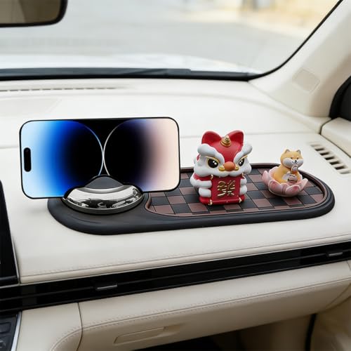 Car Dash Anti-Slip Pad, 3-in-1 Rotatable Dash Non-Slip Mat with Phone Holder & Temporary Parking Number, Multifunctional Dashboard Grip Mat for Key Gadgets, Universal Fit (Brown/Silver) - color: Brown/Silver