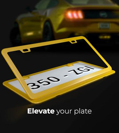 Yellow License Plate Frame - 2-Hole Sleek Style, Stainless Steel, Premium Metal Durability, Easy Install, 2-Pack Gift Box - Matte Painted Finish - color: Yellow(Golden)