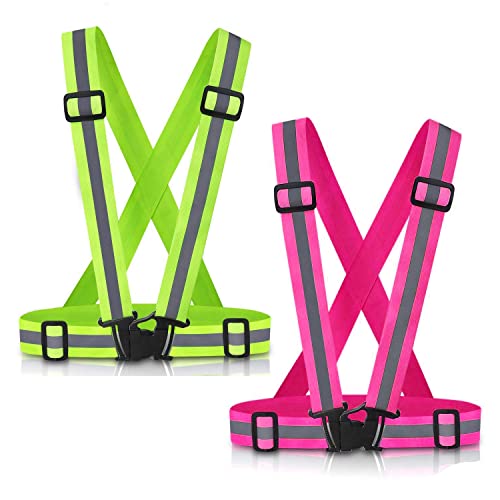 Reflective Vest Running Gear, 2Pack High Visible Safety VES for Cycling Jogging Running Walking, Adjustable for Men Women Kids - color: Green+Pink