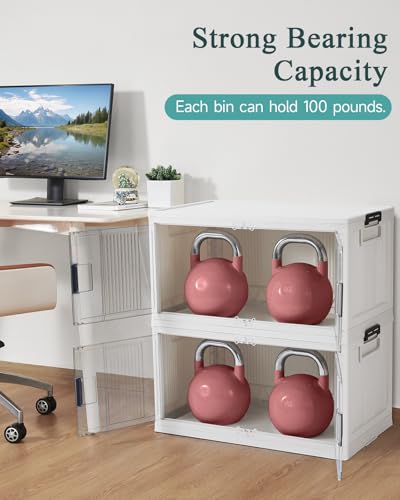 OlarHike 97QT Stackable Storage Bins with Lids - Folding Storage Box with Doors and Wheels, Collapsible Plastic Storage Drawers for Closets and Organization, Garage, Office, Cabinet, 4 Pack Cubes - size: 97QT-White, style: 4Pack