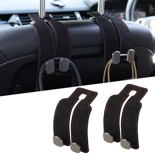 KINIVA Car Seat Headrest Storage Hooks, Set of 2, Suede PU Leather, Double Hooks (Black) - color: Black