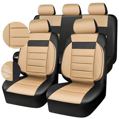 CAR PASS Leather Seat Covers Full Set Universal Water Resistant 3D Foam Back Support, Luxury Comfort Automotive 5 Seat Covers All Season Fit for SUV,Sedan,Van, Airbag Compatible Elegance(Beige Black) - color: Black and Beige
