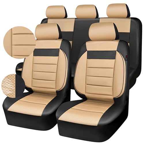 CAR PASS Leather Seat Covers Full Set Universal Water Resistant 3D Foam Back Support, Luxury Comfort Automotive 5 Seat Covers All Season Fit for SUV,Sedan,Van, Airbag Compatible Elegance(Beige Black) - color: Black and Beige