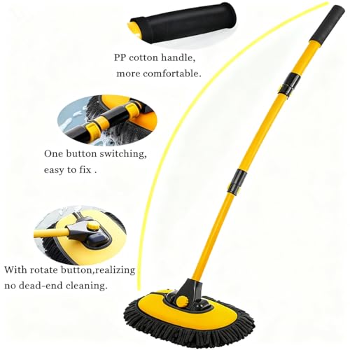 BMLEI Car Wash Brush with Long Handle, Microfiber Towels Car Wash Kit Cleaning Supplies, Car Wash Mop Mitt with 2 Replacement Head , Extension Pole Car Brush Cleaning Kit for Cars Trucks - color: Yellow Mop With Yellow Washing Cloth