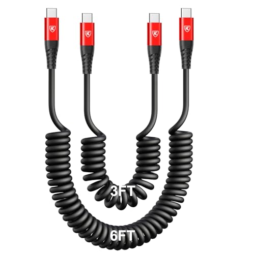 KIYODA Coiled USB C Cable for Car 3FT & 6FT, USB C to USB C Fast Charging Cable USB Type C Cord Compatible with iPhone 17/16/15/Plus/Pro/Pro Max/MacBook Pro 2020/iPad Pro 2020/Samsung Galaxy S23-Red - color: Red, size: 3FT+6FT
