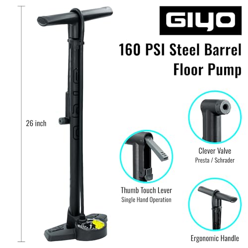 GIYO Bike Floor Pump - 3" Dual Scale Gauge - Road & MTB | One Handed Operation -Clever Valve for Presta & Schrader | Max 160PSI Steel Barrel (GF27)