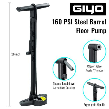 GIYO Bike Floor Pump - 3" Dual Scale Gauge - Road & MTB | One Handed Operation -Clever Valve for Presta & Schrader | Max 160PSI Steel Barrel (GF27)