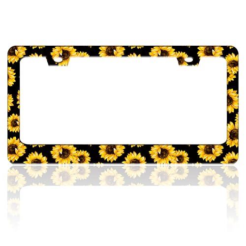 Sunflowers License Plate Frame Yellow Flowers Stainless Steel License Plate Holder for Front or Rear Car Tags Funny for Car Decoration Accessories with Screws 6.3 X 12.2 in for Women Men - color: Sunflowers