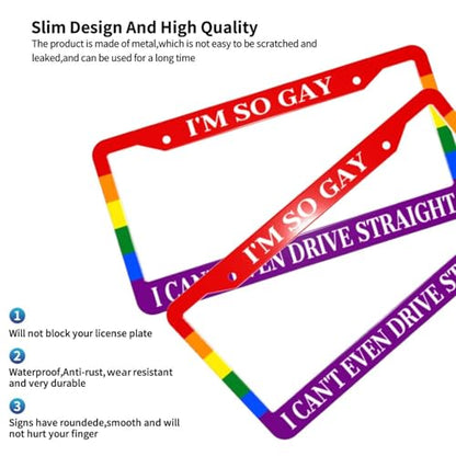 Gay Pride Rainbow Flag License Plate Frame, 2 PC Aluminum Funny License Plate Covers with Humor Text, I'm So Gay I Can't Even Drive Straight Standard License Plate Holders with Screws 12.3 X 6.3 in - color: I'm So Gay I Can't Even Drive Straight