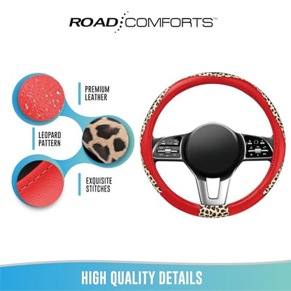Road Comforts Steering Wheel Cover - Made with PVC Leather and Leopard Fabric - Universal 14 1/2 inches to 15 inches for Most Automotive Steering Wheel - Cheetah Print -Red - color: Round-Red