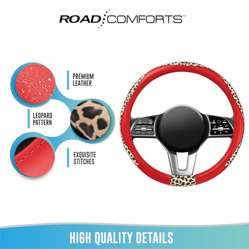 Road Comforts Steering Wheel Cover - Made with PVC Leather and Leopard Fabric - Universal 14 1/2 inches to 15 inches for Most Automotive Steering Wheel - Cheetah Print -Red - color: Round-Red