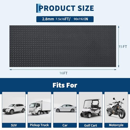 7.5 x 16 FT Garage Floor Mat, 2.8mm Thickened Flooring Roll Diamond Plate PVC Rubber Trailer Mat, Non-Slip Floor Protector Mat for Garage, Warehouse, Gyms, Trailer, SUV