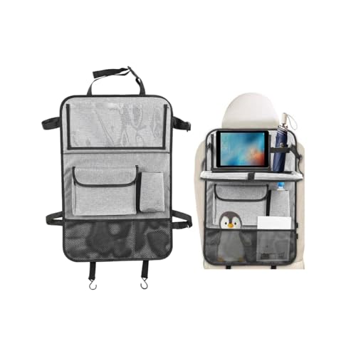 Car Backseat Organizer with Foldable Table Tray, 6 Storage Pocket Vehicle Seat Back Protector Kick Mat with Touch Screen Phone Holder, Auto Seat Organizer for Travel, Universal Fit (Grey) - color: Grey
